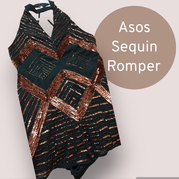 ❤️ASOS Green & Bronze Sequin Romper Sz 4 - Picture 3 of 8